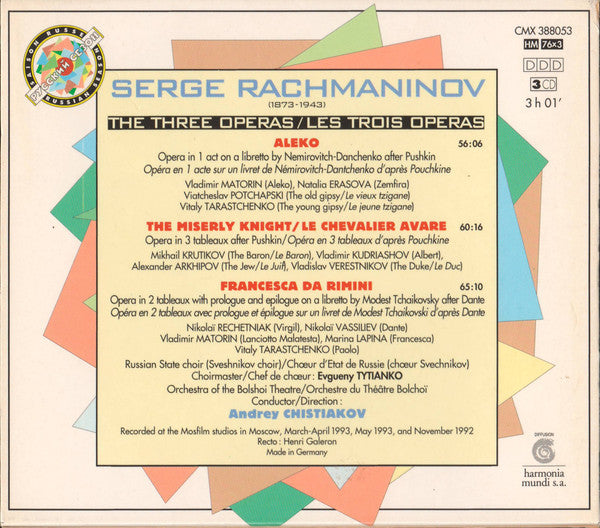 Image of Back Cover of 3xCD - VG+/VG+ - ANDREY CHISTIAKOV, SOLOISTS AND ORCHESTRA OF THE BOLSHOI THEATRE, Rachmaninov: The Three Operas = Les Trois Operas (Aleko, The Miserly Knight, Francesca Da Rimini) (Saison Russe; CMX 388053, Europe , Box Set), ,  - 4136187E