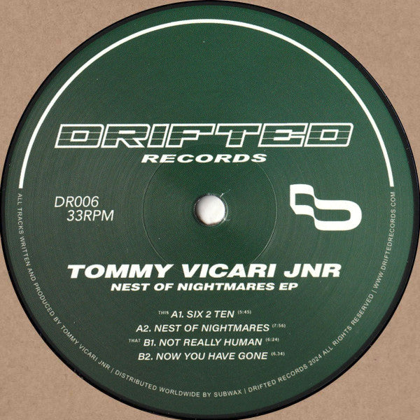 Image of Front Cover of 12" EP - /EX - TOMMY VICARI JNR, Nest Of Nightmares EP (Drifted Records; DR006, UK 2024), , Drifted welcomes back Tommy Vicari Jnr to the imprint, following his stellar �Suction� EP nearly a decade ago in 2015.This limited press 4 tracker purveys a selection of dark and beautiful club heaters, which take the dance floor through various stages of emotions. (Taken from Bandcamp). - 4126378E