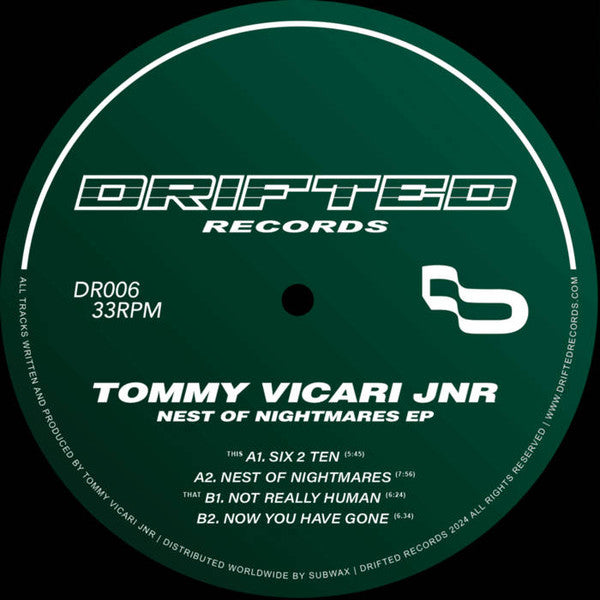 Image of Back Cover of 12" EP - /EX - TOMMY VICARI JNR, Nest Of Nightmares EP (Drifted Records; DR006, UK 2024), , Drifted welcomes back Tommy Vicari Jnr to the imprint, following his stellar �Suction� EP nearly a decade ago in 2015.This limited press 4 tracker purveys a selection of dark and beautiful club heaters, which take the dance floor through various stages of emotions. (Taken from Bandcamp). - 4126378E