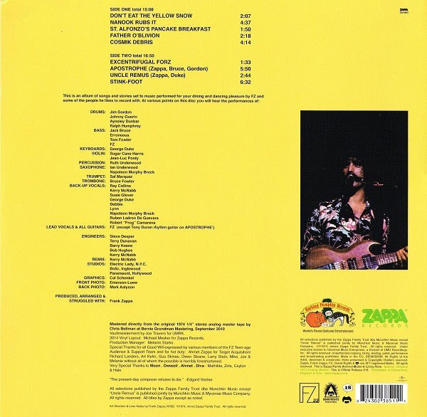 Image of Back Cover of LP - NEW/NEW - FRANK ZAPPA, Apostrophe (') (Zappa Records; 0824302385111, Europe 2014 Reissue, 180g), , A 1974 rock classic packed with Zappa�s sharp humour, bluesy guitar and off-kilter rhythms. Featuring �Don�t Eat the Yellow Snow� and the standout guitar solo on �Stink-Foot�. - 4036178E