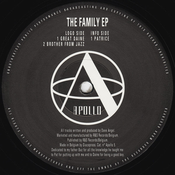 Image of Front Cover of 12" - VG/VG - DAVE ANGEL, The Family EP (Apollo; Apollo 5, Belgium 1993, Company Sleeve), light marks only. original green apollo company sleeve, A1		Great DaineA2		Brother From Jazz	B		Patrice - 4246263S