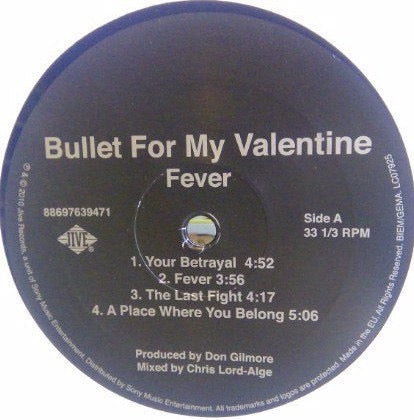 Image of Label Cover of 2xLP - NEW/NEW - BULLET FOR MY VALENTINE, Fever (Jive; 88697 63947 1, Europe 2010, Gatefold, Single Sided, Etched), SEALED, Metalcore record packed with heavy riffs, melodic choruses and big breakdowns. One of the Welsh band�s most popular albums, with �Your Betrayal� among its standout tracks. - 4036180E