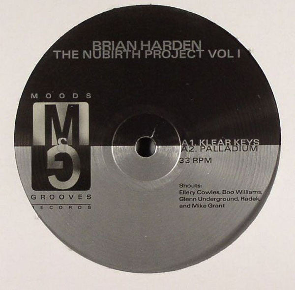Image of Back Cover of 12" - VG/VG - BRIAN HARDEN, The Nubirth Project Vol 1 (Moods & Grooves; MG003, US 1999, Stickered Plain Sleeve), A few light marks. Some discolouration and wear / splits to sleeve. Labels mottled, A1		Klear KeysA2		PalladiumB		The Horn - 4116340C