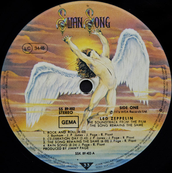 Image of Label Cover of 2xLP - VG/VG - LED ZEPPELIN, The Soundtrack From The Film The Song Remains The Same (Swan Song; SS 89402, Germany 1970s Reissue, Textured Gatefold Sleeve, Glued-In Booklet & 2 Black Inners), Hairlines, edge & ring wear, bottom edge taped, small tear on one Inner,  - 4146174S
