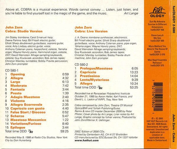 Image of Back Cover of 2xCD - VG+/VG+ - JOHN ZORN, Cobra (hatOLOGY; hatOLOGY 2-580, Switzerland 2002, 4 Panel Card Sleeve), ,  - 4136193E