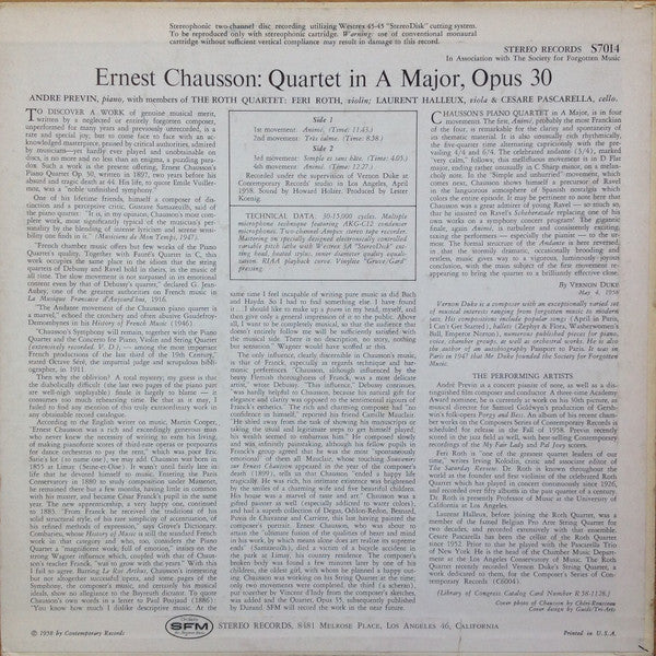 Image of Back Cover of CD - VG/VG+ - ANDR� PREVIN WITH MEMBERS OF THE ROTH QUARTET, Chausson: Quartet In A Major, Opus 30 (Stereo Records; S7014, US 1958), ,  - 4126400E