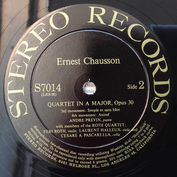 Image of Label Cover of CD - VG/VG+ - ANDR� PREVIN WITH MEMBERS OF THE ROTH QUARTET, Chausson: Quartet In A Major, Opus 30 (Stereo Records; S7014, US 1958), ,  - 4126400E