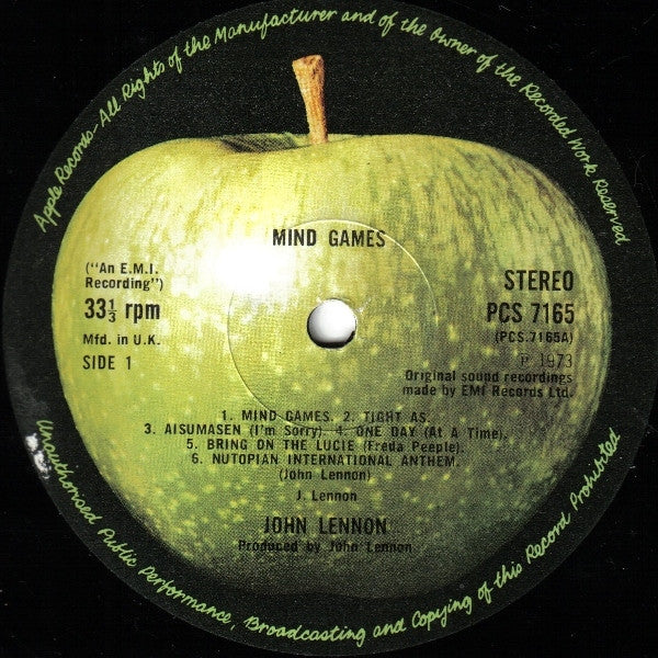 Image of Label Cover of LP - VG/VG+ - JOHN LENNON, Mind Games (Apple Records; PCS 7165, UK 1970s Reissue, Inner with 3 Cut Corners, 33 1/3 is followed by "rpm", "An Apple Record" is missing), Edge & ring wear, tear on Inner,  - 4146179S
