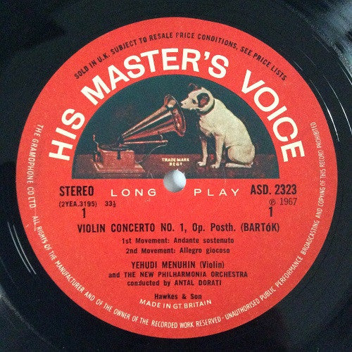 Image of Label Cover of LP - VG+/VG+ - YEHUDI MENUHIN, ANTAL DORATI, NEW PHILHARMONIA ORCHESTRA, Bart�k: Violin Concerto No. 1 (1908) / Viola Concerto (1945) (HMV Red, Semi-Circular Nipper Logo; ASD 2323, UK 1967, Laminated Flipback Sleeve), ,  - 4126401E