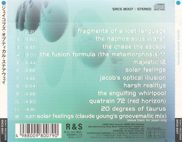 Image of Back Cover of CD - VG+/VG - JACOB'S OPTICAL STAIRWAY, Jacob's Optical Stairway (R & S Records; SRCS 8007, Japan 1996, Jewel Case, With Obi), Light Scratches (CD),  - 4116365C
