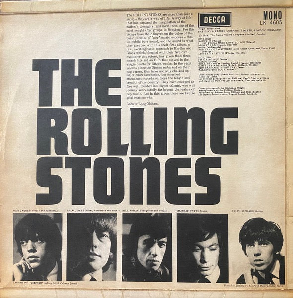 Image of Back Cover of LP - G/G+ - THE ROLLING STONES, The Rolling Stones (Decca Red Unboxed, Variant Z "Made In England - The Decca Record Co Ltd" On Top & NCB on right hand side, No "BIEM"; LK 4605, UK 1964, Laminated Flipback Sleeve With Mona Prnted As Track A4, Variant A1, Mono), Lots of hairline marks but all light, Plays pretty well, Sleeve intact but has laminate creasing, Splits to top and spine and yellowed rear. ,  - 4116255C