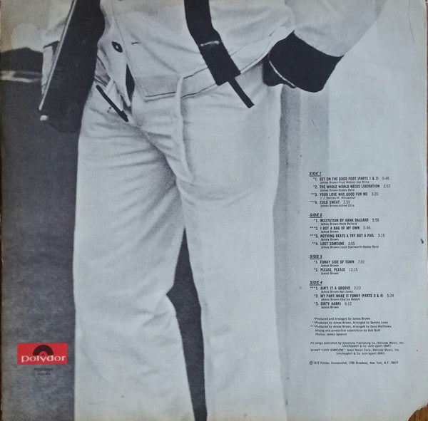 Image of Back Cover of 2xLP - G+/VG+ - JAMES BROWN, Get On The Good Foot (Polydor; PD2-3004, US 1972, Gatefold, Monarch Pressing, Side 1 Label Slightly Offset Printing), Cut corner (notched). Lots of moisture marks and water damage on sleeve, but still sturdy and intact. ,  - 4146197S