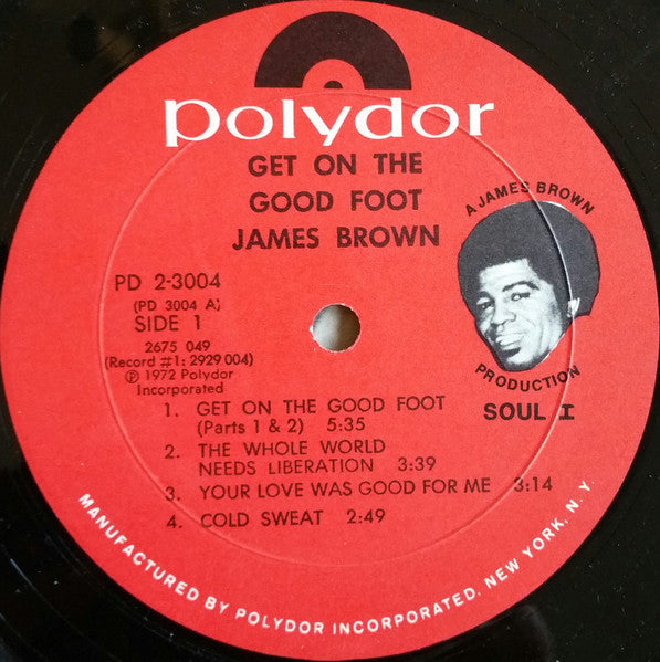 Image of Label Cover of 2xLP - G+/VG+ - JAMES BROWN, Get On The Good Foot (Polydor; PD2-3004, US 1972, Gatefold, Monarch Pressing, Side 1 Label Slightly Offset Printing), Cut corner (notched). Lots of moisture marks and water damage on sleeve, but still sturdy and intact. ,  - 4146197S