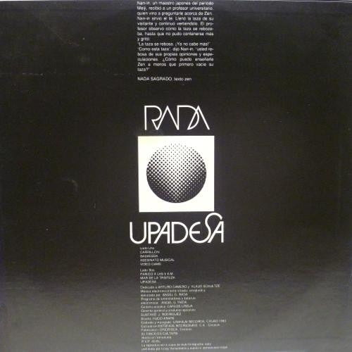 Image of Back Cover of LP - VG/VG+ - RADA, Upadesa (Uraniun Records; LP 2121, Venezuela 1983), A couple of light hairlines only. Sleeve has bumped corners and a little ringwear. ,  - 4126347E
