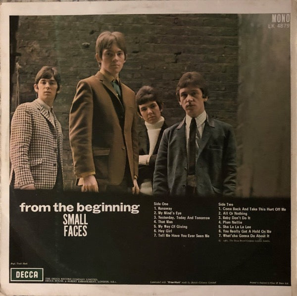Image of Back Cover of LP - G+/G+ - SMALL FACES, From The Beginning (Decca Unboxed Red Labels With Track B1 Printed As 'TAKE THIS HURT OFF ME'; LK 4879, UK 1967, Laminated Front Sleeve, Mono), Strong G+, Glossy with some light hairlines and few longer surface marks, Plays well, No skips on our system but the odd pop, Sleeve has a few patches of peeling damage to rear and light rip to print, Name on rear,  - 4116256C