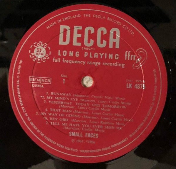Image of Label Cover of LP - G+/G+ - SMALL FACES, From The Beginning (Decca Unboxed Red Labels With Track B1 Printed As 'TAKE THIS HURT OFF ME'; LK 4879, UK 1967, Laminated Front Sleeve, Mono), Strong G+, Glossy with some light hairlines and few longer surface marks, Plays well, No skips on our system but the odd pop, Sleeve has a few patches of peeling damage to rear and light rip to print, Name on rear,  - 4116256C