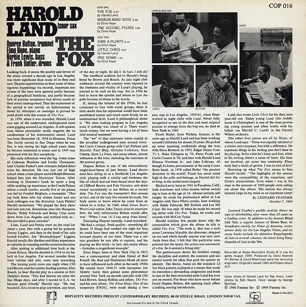 Image of Back Cover of LP - VG/VG+ - HAROLD LAND, The Fox (Boplicity Records; COP 016, Europe 1986 Reissue), Edge wear. Nice clean disc.,  - 4146200S