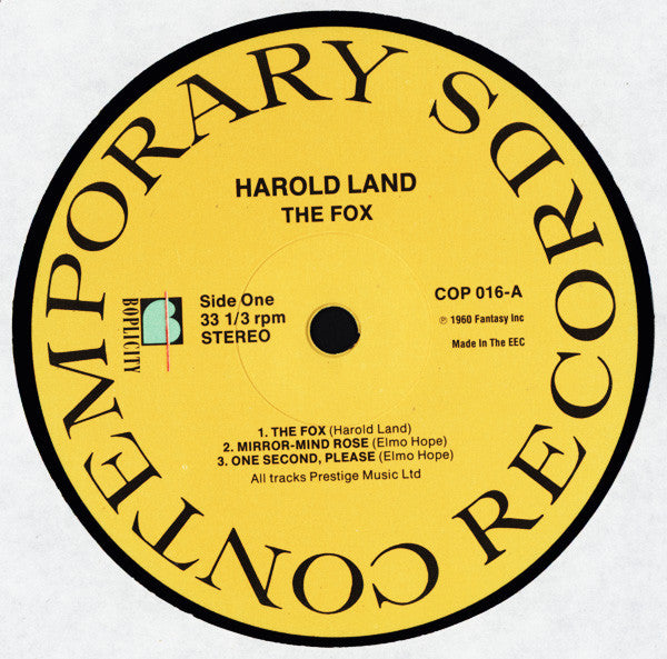 Image of Label Cover of LP - VG/VG+ - HAROLD LAND, The Fox (Boplicity Records; COP 016, Europe 1986 Reissue), Edge wear. Nice clean disc.,  - 4146200S