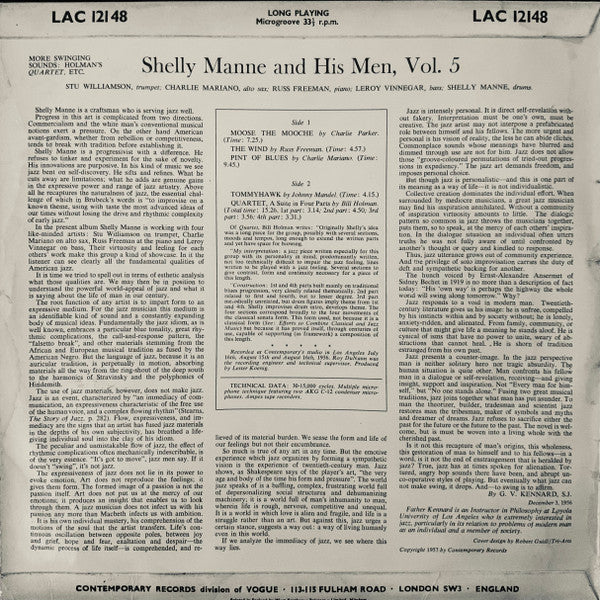 Image of Back Cover of LP - VG/G+ - SHELLY MANNE & HIS MEN, More Swinging Sounds: Vol 5 (Contemporary Records; LAC 12148, UK 1959, Laminated Flipback Sleeve, Mono), Strong VG sleeve. Light marks on disc.,  - 4146205S