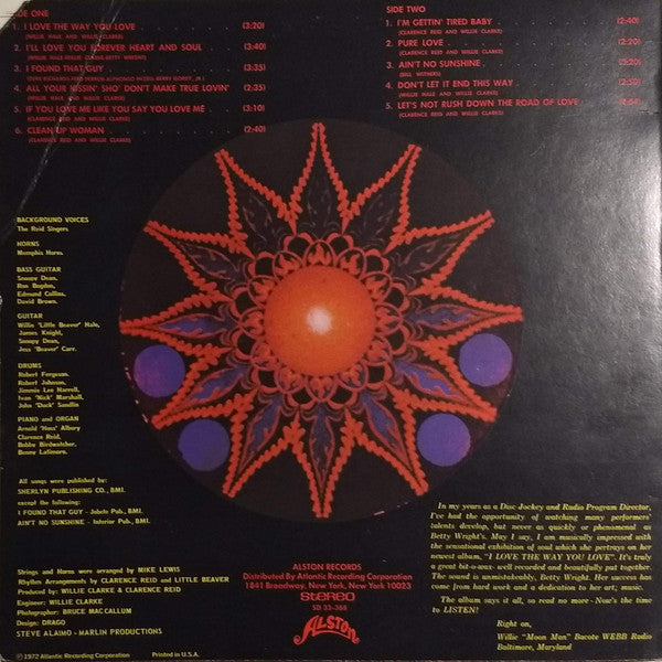 Image of Back Cover of LP - VG/G+ - BETTY WRIGHT, I Love The Way You Love (Alston Records; SD 33-388, US 1972, Richmond Pressing), Edge Wear, Creased, Cut Out Notched,  - 4146220S