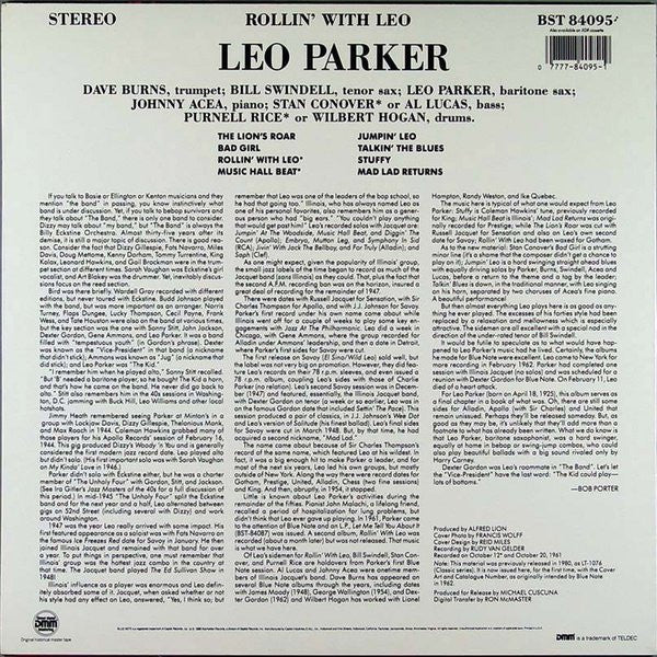 Image of Back Cover of LP - G+/VG+ - LEO PARKER, Rollin' With Leo (Blue Note; BST 84095, US 1986 Reissue, Company Inner, DMM (Direct Metal Mastering)), Edge and ring wear. Big mark and scratch from sticker ghost/residue on front cover. Disc is nice and clean.,  - 4146206S