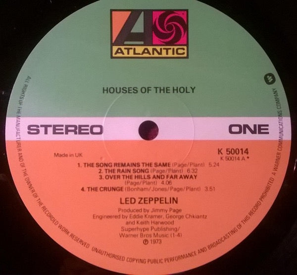 Image of Label Cover of LP - VG/VG - LED ZEPPELIN, Houses Of The Holy (Atlantic Green & Orange Labels With W In Rimtext; K 50014, UK 1970s Reissue, Gatefold, Inner, George Peckham Cut, Porky/Pecko A1/B1 Runouts With WEA Indicators), W-6/W-5KD, Strong VG throughout, Nice & Glossy, Just a few very fine wispy hairlines, Sounds great, very dynamic. Light corner bumps to sleeve, Clean & robust with inner that just has a few spots of foxing. Conservative grading. ,  - 4116262C