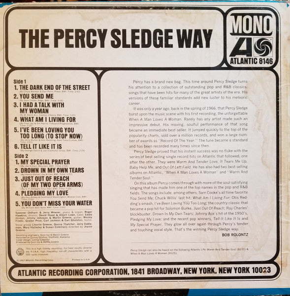 Image of Back Cover of LP - G+/VG - PERCY SLEDGE, The Percy Sledge Way (Atlantic; 8146, US 1967, Pasteback Sleeve, Mono), Seam splits on top and bottom edges. WOS and WOL. Light marks on disc.,  - 4146207S