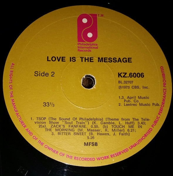 Image of Label Cover of LP - VG/VG - MFSB, The Sound Of Philadelphia / Love Is The Message (Philadelphia International Records; KZ 6006, South Africa 1973, Laminated sleeev), Marks on disc. Ringwear & sticker residue/rip on sleeve.,  - 4126473E
