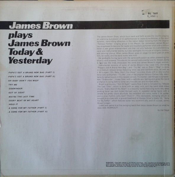 Image of Back Cover of LP - VG/VG+ - JAMES BROWN, James Brown Plays James Brown - Today & Yesterday - James Brown At The Organ (Philips; BL 7697, UK 1965), Lightest of marks. Light creases on sleeve with ringwear & sticker residue. Sticker on cover (front & back).,  - 4126474E