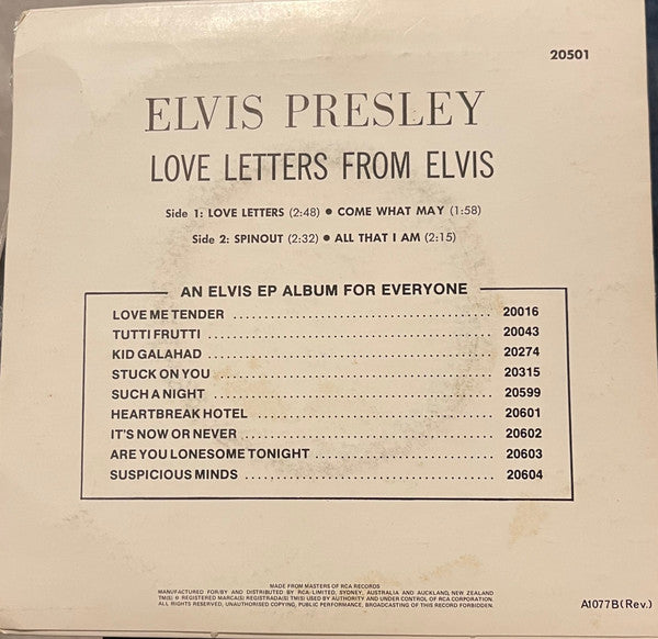 Image of Back Cover of 7" EP - VG+/EX - ELVIS PRESLEY, Love Letters From Elvis (RCA Victor ; 20501, Australia 1970s Reissue, Picture Sleeve), Sleeve Slightly Creased,  - 4126087E