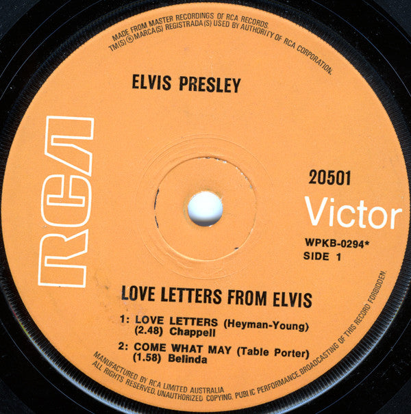 Image of Label Cover of 7" EP - VG+/EX - ELVIS PRESLEY, Love Letters From Elvis (RCA Victor ; 20501, Australia 1970s Reissue, Picture Sleeve), Sleeve Slightly Creased,  - 4126087E