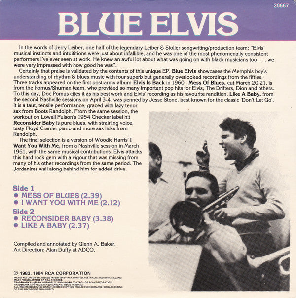 Image of Back Cover of 7" EP - VG/VG+ - ELVIS PRESLEY, Blue Elvis (RCA Victor ; 20667, Australia 1984, Picture Sleeve), Strong VG+, Slight Sticker Damage To Sleeve, Sleeve Creased,  - 4126085E
