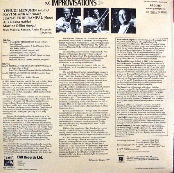 Image of Back Cover of LP - VG/VG - RAVI SHANKAR � YEHUDI MENUHIN � JEAN-PIERRE RAMPAL . MARTINE G�LIOT, Improvisations (His Master's Voice; ASD 3357, UK 1970s Reissue, Picture Sleeve), Strong VG, only a handful of hairlines,  - 4126454E