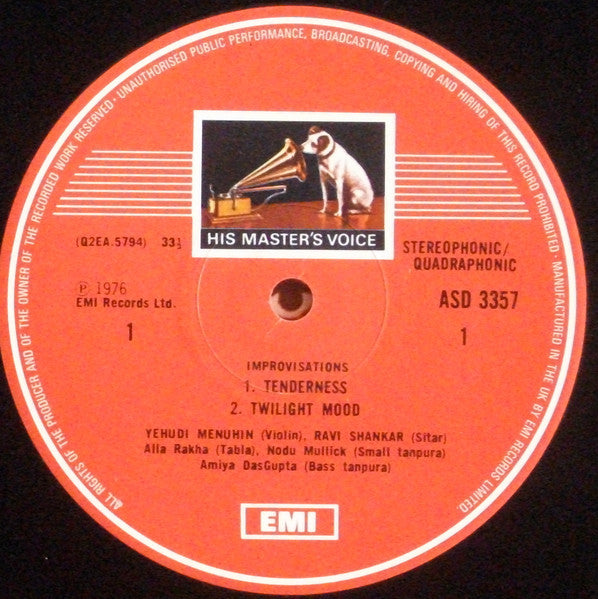 Image of Label Cover of LP - VG/VG - RAVI SHANKAR � YEHUDI MENUHIN � JEAN-PIERRE RAMPAL . MARTINE G�LIOT, Improvisations (His Master's Voice; ASD 3357, UK 1970s Reissue, Picture Sleeve), Strong VG, only a handful of hairlines,  - 4126454E