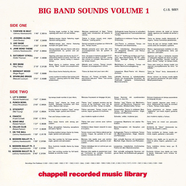 Image of Back Cover of LP - VG/VG+ - VARIOUS, Big Band Sounds Vol. 1 (Chappell; C.I.S. 5001, UK ), 3cm seam split to top edge, corner wear, small stain on front of sleeve.,  - 4146246S