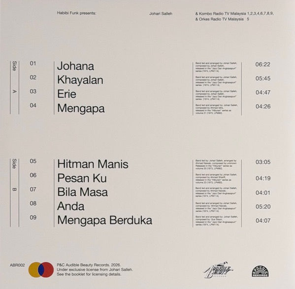 Image of Back Cover of LP - VG/VG+ - JOHARI SALLEH, Jazz Dari Angkasapuri (Audible Beauty Records; ABR002, UK 2026, Gatefold, No Booklet), Booklet has been torn out! Sleeve is still in stickered shrink., Habibi Funk�s new sister label Audible Beauty Records second release: A landmark collection retelling the untold story of Malaysian jazz featuring 9 songs from the legendary composer, arranger and trumpet player Johari Salleh. Salleh played a crucial role in shaping the sound of modern Malaysian music acros