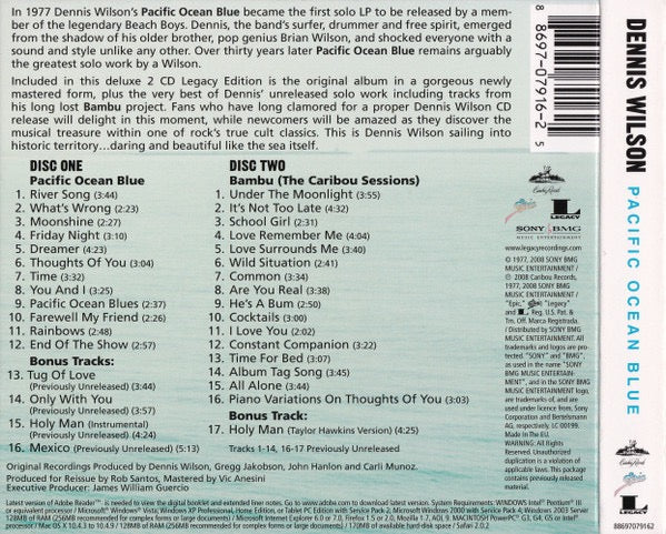 Image of Back Cover of 2xCD - VG+/G+ - DENNIS WILSON, Pacific Ocean Blue (Caribou Records; 88697079162, Europe 2008 Reissue, Triple Gatefold), ,  - 4116378C