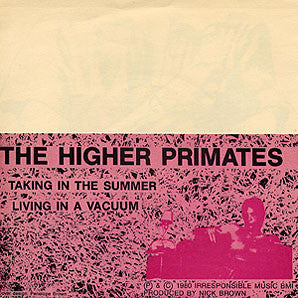 Image of Back Cover of 7" - VG/EX - THE HIGHER PRIMATES, Taking In The Summer / Living In A Vacuum (Tekno Tunes ; Les035, US 1980, Fold Over Sleeve), Small Stain At Top Of Sleeve,  - 4126524E