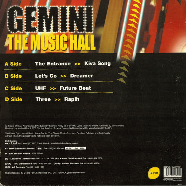 Image of Back Cover of 2x12" - VG/VG - GEMINI, The Music Hall (Cyclo; CYC 0005.1, UK 1999), Sleeve in opened shrinkwarp, lose to VG+. Vinyl has light marks only.,  - 4146234S