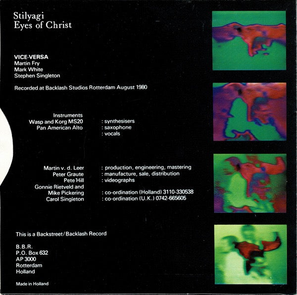 Image of Back Cover of 7" - G+/VG - VICE VERSA, Stilyagi / Eyes Of Christ (Backstreet Backlash Records ; BBR 003, Netherlands 1980, Picture Sleeve), Slight Fogging, Sticker Damage, Damage To Sleeve Opening,  - 4126522E