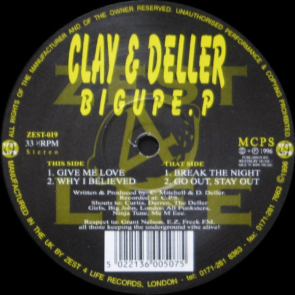 Image of Front Cover of 12" - /G+ - CLAY & DELLER, Big Up E.P (Zest 4 Life; ZEST-019, UK 1996), lots of light scuffs and one or two hairlines,  - 4146223S