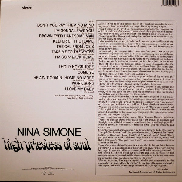 Image of Back Cover of LP - VG+/VG - NINA SIMONE, High Priestess Of Soul (Back To Black; 00600753520437, Europe 2014 Reissue, Download Code), Light marks only,  - 4116404C