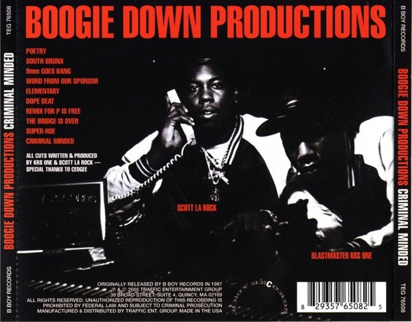 Image of Back Cover of CD - VG+/VG+ - BOOGIE DOWN PRODUCTIONS, Criminal Minded (Traffic Entertainment Group; TEG 76508, US 2005 Reissue, Jewel Case), ,  - 4116414C