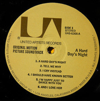 Image of Label Cover of LP - VG/VG - THE BEATLES, A Hard Day's Night (United Artists Records tan labels; UAS 6366, US 1975 Reissue, Pasteback Sleeve, "All Rights Reserved" rim text, A3 misprint "I Cry Instead"), Light marks, foxing on back cover,  - 4146189S