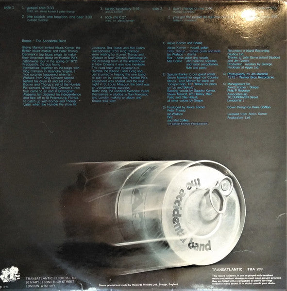 Image of Back Cover of 4324207E: LP - ALEXIS KORNER & PETER THORUP, Snape - Accidentally Born In New Orleans (Transatlantic; TRA269, UK 1973, Gatefold) Vinyl is strong VG with a handful of light hairlines only. Sleeve has some creasing and ringwear.  VG/VG