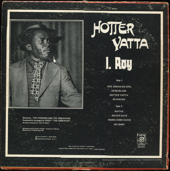 Image of Back Cover of LP - VG/VG - I. ROY*, Hotter Yatta (Harry J Records; HJLP 8711, US 1978), Heavy ringwear on sleeve. WOL. Some light hairlines ,  - 4126532E