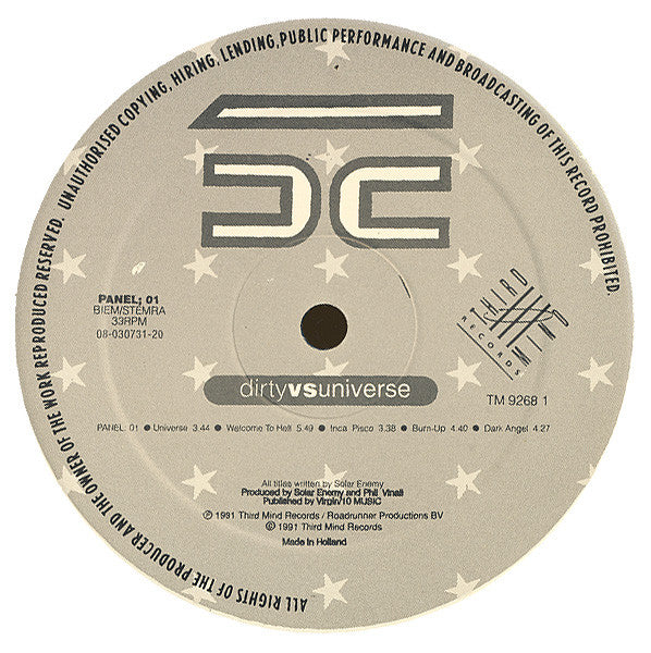 Image of Label Cover of LP - VG+/VG+ - SOLAR ENEMY, Dirty Vs Universe (Third Mind Records; TM 9268 1, Worldwide 1991, Portion Control members), ,  - 4146245S