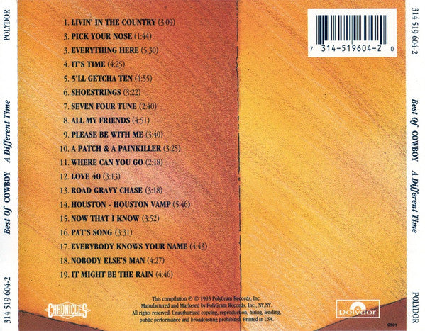 Image of Back Cover of CD - VG+/VG - COWBOY, The Best Of Cowboy - A Different Time (Polydor; 314 519 604-2, US 1993), Light marks only,  - 4156140S