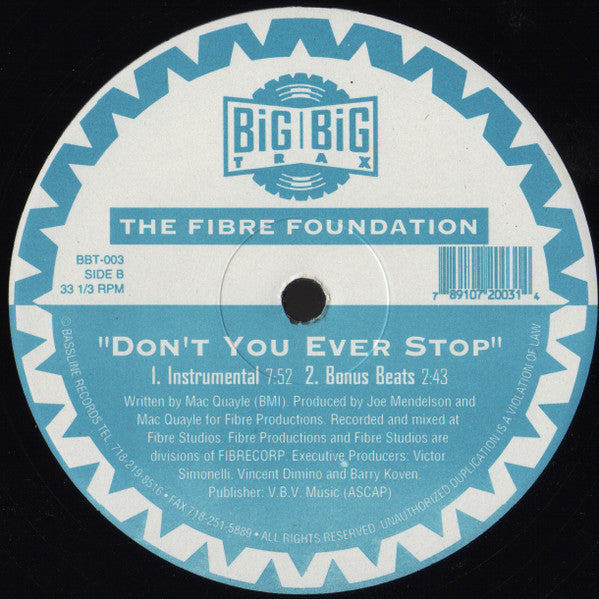 Image of Back Cover of 12" - /VG - THE FIBRE FOUNDATION, Don't You Ever Stop (Big Big Trax; BBT-003, US 1994), strong VG. light storage marks only - v. minor,  - 4246037S