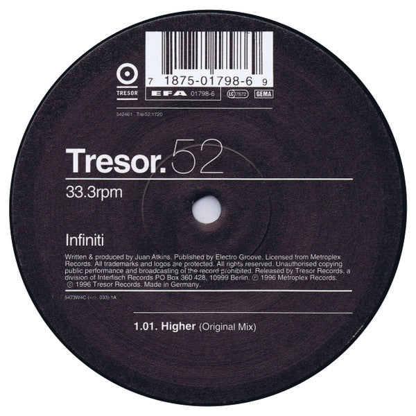 Image of Front Cover of 12" - /G+ - INFINITI, Higher (Tresor; Tresor 52, Germany 1996), Light hairlines and faint marks., A		HigherB1		RaindropsB2		Higher (Edit) - 4216049C